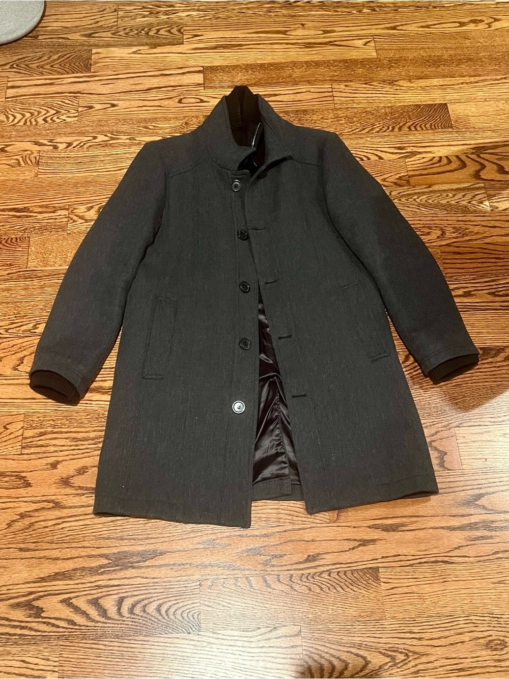 Zara Men's Black Wool Blend Pea Coat with Ribbed Stand Collar